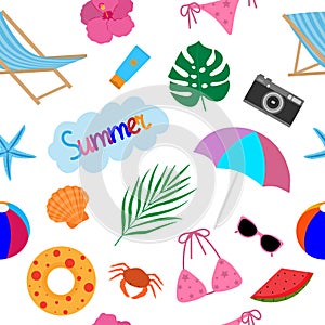 Seamless pattern summer sea beach palm trees swimsuit sunglasses cream shells starfish crab umbrella vector illustration